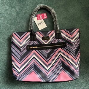 NWT Trina Turk "Placed V" Chevron Pattern Pink Black Large Coated Canvas Tote